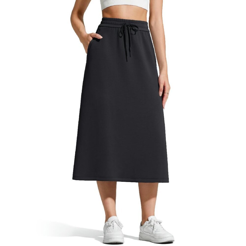 Modal A-Line Midi Skirt with Pockets, Drawstring Waist, Casual Fall Wear